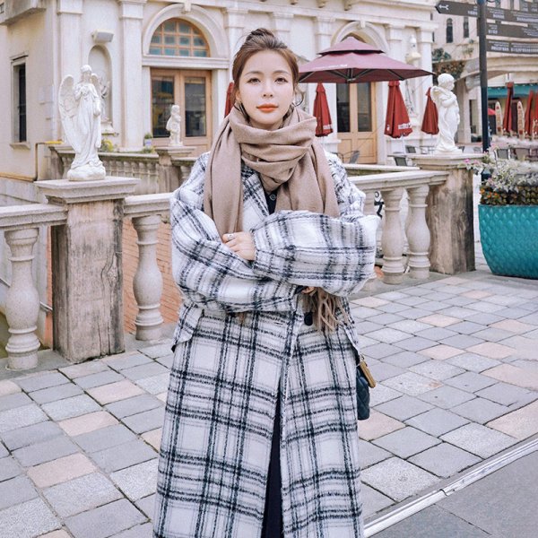 Women's Loose Retro Woolen Coat Mid-length Plaid Woolen Coat