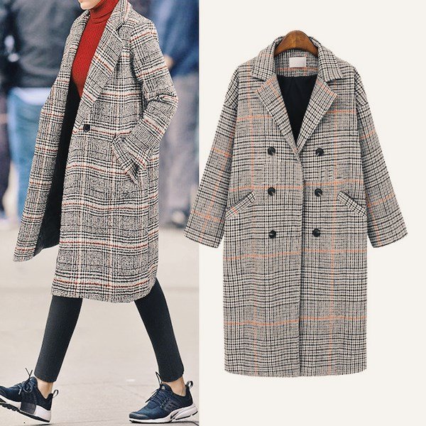 All-match plaid coat mid-length woolen coat