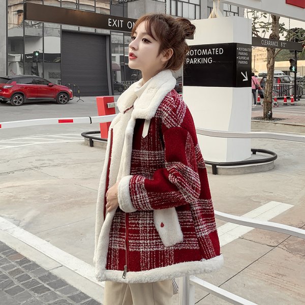 Plaid woolen coat plush stand collar cotton coat