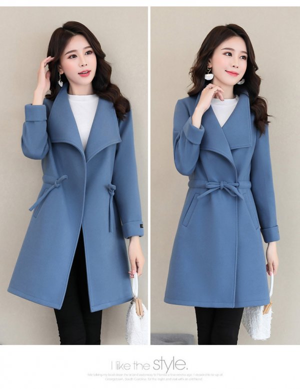 Woolen coat feminine all-match lapel waist woolen coat